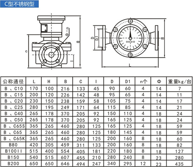 廢油流量計(jì)外形尺寸對(duì)照表